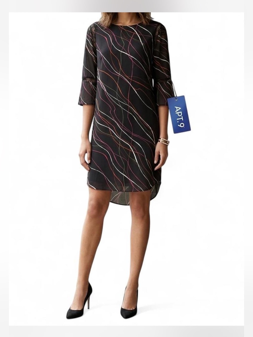 Apt.9 High-Low Geometric Print Lace Insert 3/4 Bell Cuff Sleeves Shift Dress M